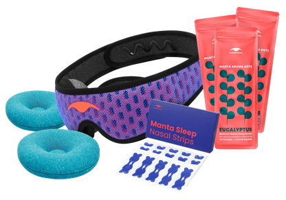 Breathe Easy Bundle containing classic blue and red Manta PRO Sleep Mask, teal Manta COOL Eye Cups, blue Manta Nasal Strips and three packs of Manta Aroma Dots with Eucalyptus scent.
